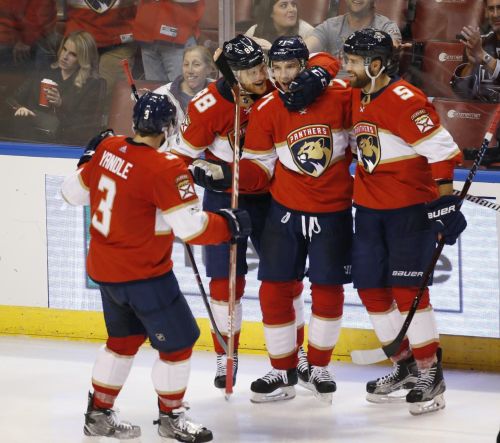 Radim Vrbata při hokejovém zápase NHL za Florida Panthers se raduje se spoluhráči