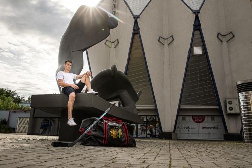 Dominik Kubalík sedí na soše před hokejovou halou